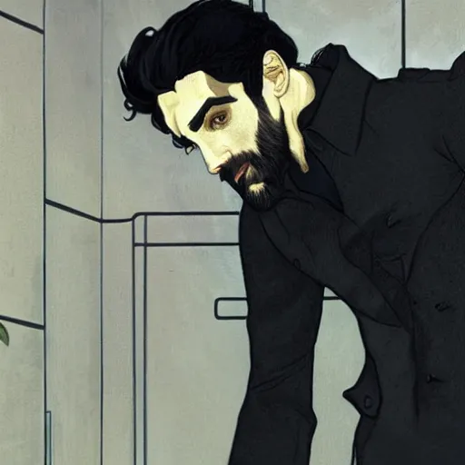 Prompt: a man with black hair and beard, wearing a black jacket, white shirt and jeans, looking around, worried, illustration, cartoonish style, art by greg rutkowski and alphonse mucha''