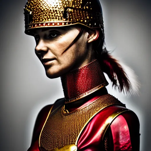 Image similar to photo of a real-life beautiful female warrior with ruby encrusted armour