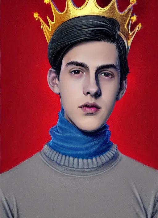 Image similar to portrait of teenage jughead jones wearing a light grey crown, crown, blue turtleneck, 1 9 5 0 s, closed eyes, photorealistic, black hair, glowing lighting, intricate, elegant, glowing lights, highly detailed, digital painting, artstation, concept art, smooth, sharp focus, illustration, art by wlop, mars ravelo and greg rutkowski