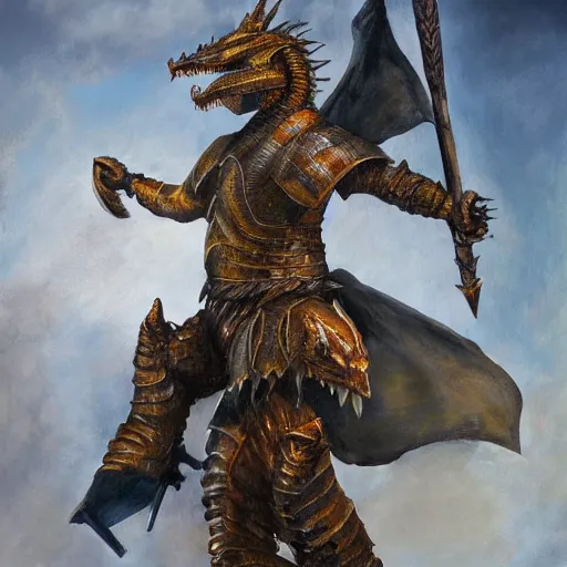 Prompt: armoured ginger man stands triumphantly on the corpse of a dragon, bloody spear in hand, oil painting, dramatic lighting