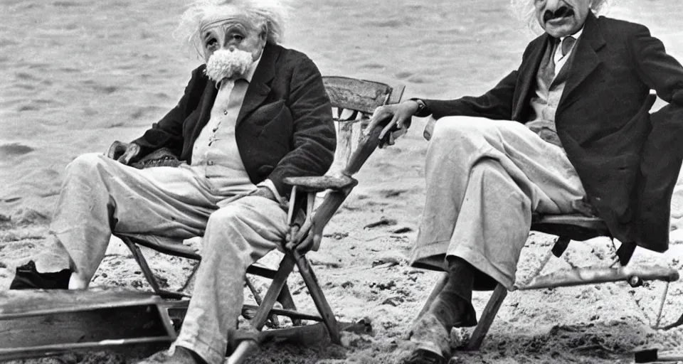 Image similar to Albert Einstein sat on a beach relaxing