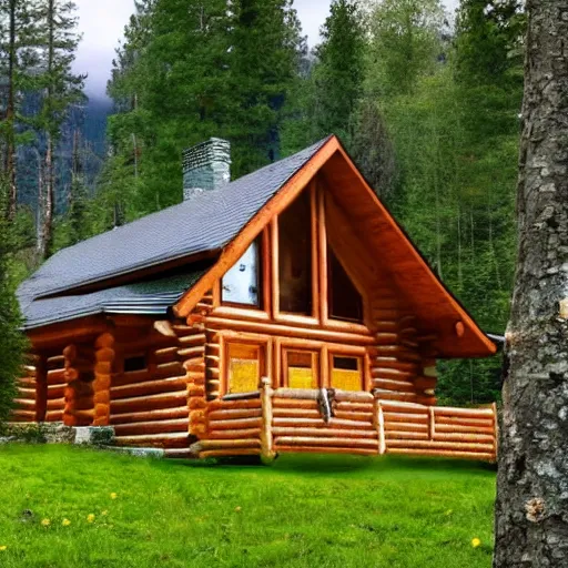 Image similar to log cabin in the forest, mountain behind log cabin, realistic