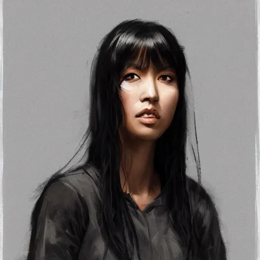 Image similar to Portrait of a woman by Greg Rutkowski, she is about 30 years old, mixture between korean, indian and arabian, pretty, black straigh hair with bangs, attractive, tall and slim, she is wearing beigen and black utilitarian jumpsuit, highly detailed portrait, scifi, digital painting, artstation, concept art, smooth, sharp foccus ilustration, Artstation HQ