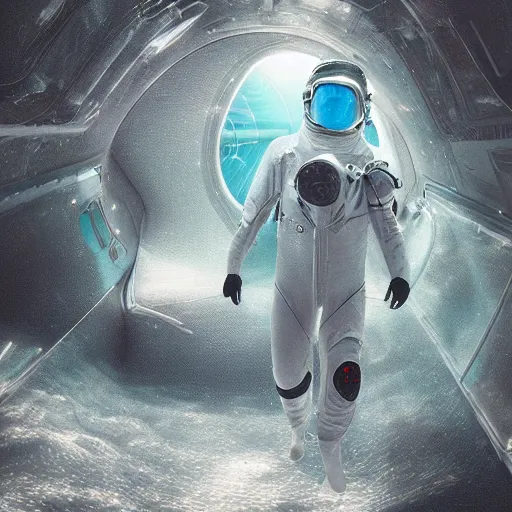 Image similar to concept art diver astronaut in underwater futuristic dark and empty spaceship. infrared complex and hyperdetailed technical suit design. reflection material. rays and dispersion of light breaking through the deep water. 3 5 mm, f / 3 2. noise film photo. flash photography. trend artstation