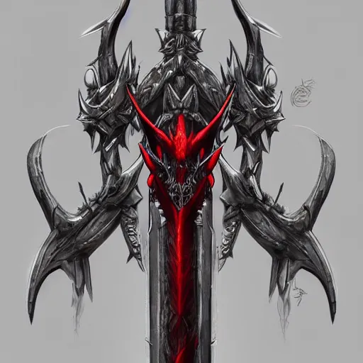 Prompt: concept art of legendary red dragon sword weapon, symmetry, sword design, fantasy sword, fantasy, behance, pinterest, deviantart, artstation, weapons concept art, design, rpg, weapon, detailed, digital art, incredible, digital painting