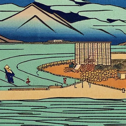 Image similar to a farm next to a lake in the style of ukiyo - e