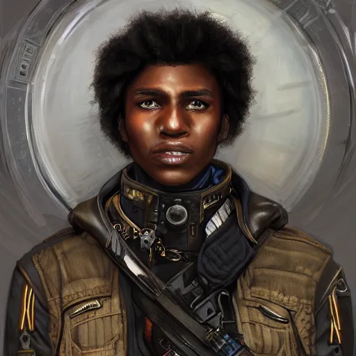 Image similar to portrait of a man by ayami kojima, afroamerican, he is about 2 0 years old, short black hair, annoyed older brother vibes, he is wearing a steampunk tactical gear, highly detailed portrait, digital painting, artstation, concept art, smooth, sharp foccus ilustration, artstation hq