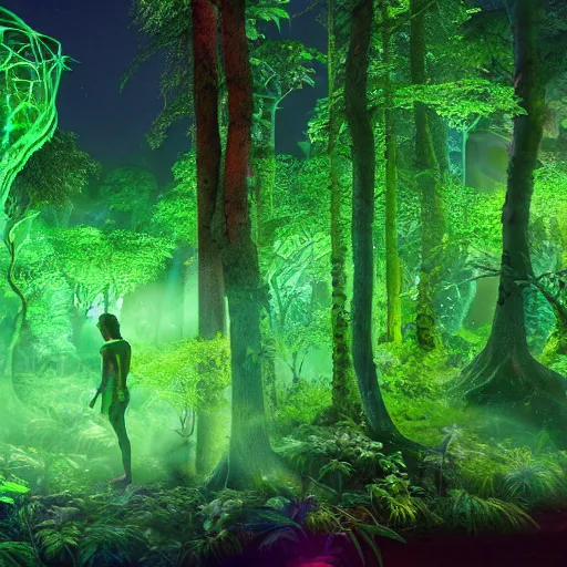 Image similar to scene still of avatar variety bioluminescent forest at night. cinematic cg weta