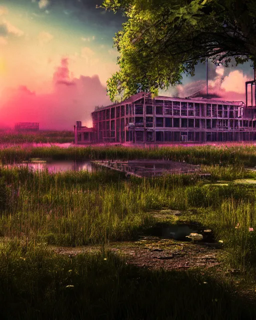 Image similar to a beautiful photorealistic render of urbex urbex industrial architecture by eugene boudin, futuristic otherworldly vaporwave darkacademia alien nature sunset biopunk meadow flowers lake, archdaily, wallpaper, highly detailed, trending on artstation.