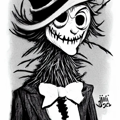 Image similar to a Pop Wonder scary horror themed goofy-hilarious-character Jack-Frost-Babadook-scarecrow-madhatter-williewonka-wearing a scarf, 3-piece-suit, dime-store-comic drawn with charcoal and pen and ink, half-tone-line-stacking