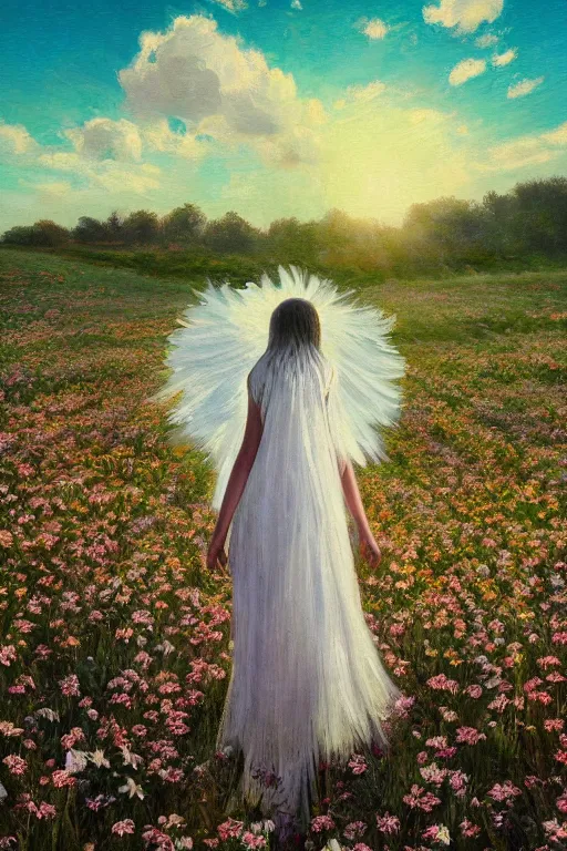 Prompt: giant white daisy flower veil, girl walking in a flower field, surreal photography, sunrise, dramatic light, impressionist painting, colorful clouds, digital painting, artstation, simon stalenhag