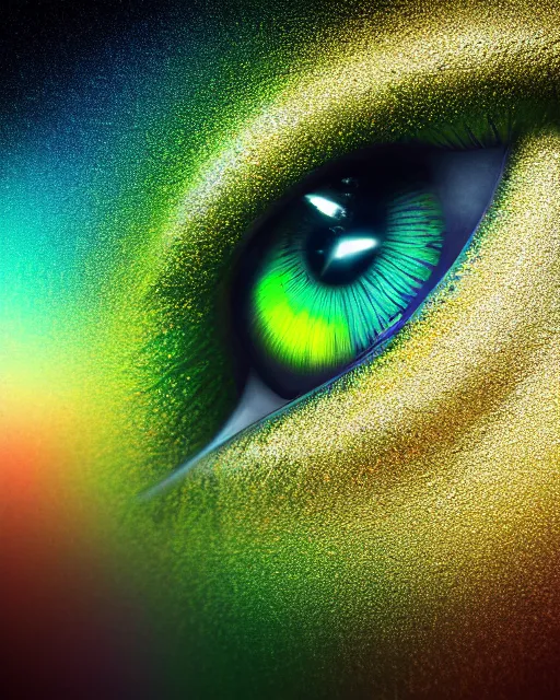 Image similar to hyper realistic photo of beautiful green eye reflecting a sky full of a billion stars, hyper realistic, fractal art, art station, coherent design, symmetrical, vivid colour, complementary colour, golden ratio, detailed, sharp lines, intricate, rainbow shift, in unreal 3 d engine, ray tracing, octane render