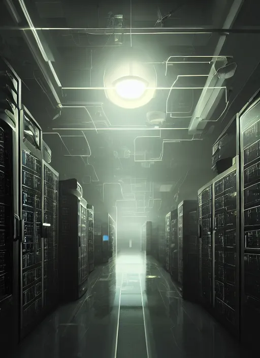 Image similar to computers, wired in, in a highly detailed server room with computers everywhere, cinematic view, epic sky, detailed, concept art, low angle, high detail, warm lighting, volumetric, godrays, vivid, beautiful, trending on artstation, by jordan grimmer, huge scene, art greg rutkowski