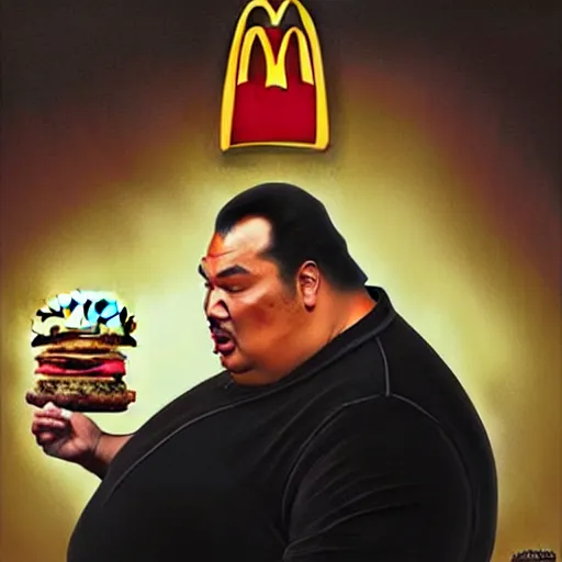 Prompt: Morbidly Obese Steven Seagal eating a mcdonald's big mac hamburger, dripping BBQ Sauce, serving burgers, intricate, elegant, low-brow kitsch grotesque, magical mystical, highly detailed, digital painting, artstation, concept art, matte, sharp focus, hyperreal, art by Artgerm and Greg Rutkowski and Alphonse Mucha