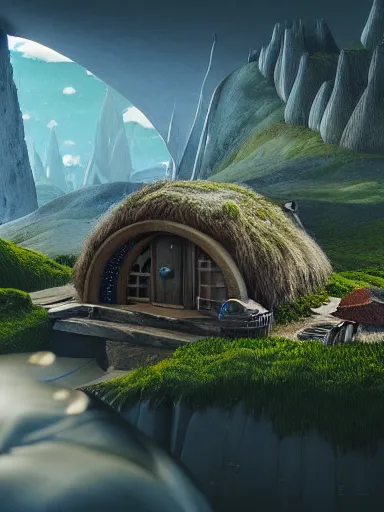 Prompt: futuristic hobbit town in the style of miyazaki, realistic lighting, octane render, beautiful weather, 8 k,