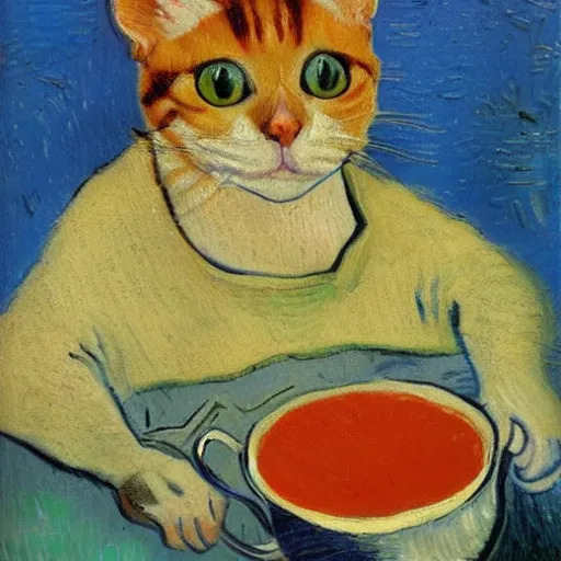 Prompt: the cat cooks soup, stirring a pot with a ladle, oil painting, drawn by Van Gogh, trending in Artstation, artstationHD, 4k