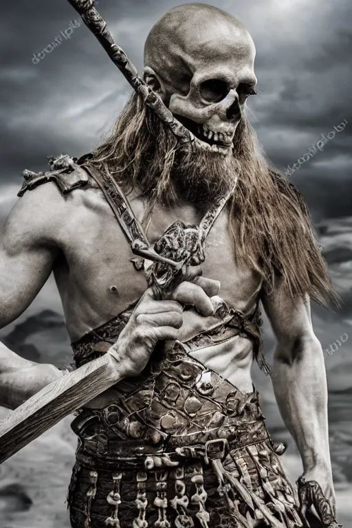 Image similar to realistic photograph of a skeleton viking man in the middle of battle, highly detailed, cinematic, portrait, close - up,