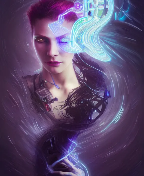 Image similar to a whirlwind of souls rushing inside the metaverse, hologram, half body, neurochip, shaved temple, piercing, jewelry, android, cyborg, cyberpunk face, by loish, d & d, fantasy, intricate, elegant, highly detailed, colorful, digital painting, artstation, concept art, art by artgerm and greg rutkowski and alphonse mucha