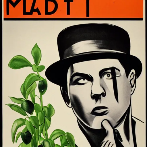 Prompt: a film noir murder mystery about a killer plant that escaped from a lab, color movie poster