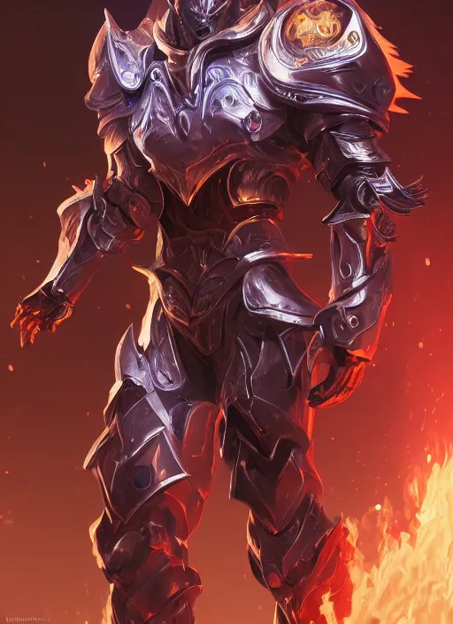 Image similar to a highly detailed illustration of futuristic cyber knight with flaming plume, glowing line cracks in armor, dramatic standing pose, intricate, elegant, highly detailed, centered, digital painting, artstation, concept art, smooth, sharp focus, league of legends concept art, WLOP