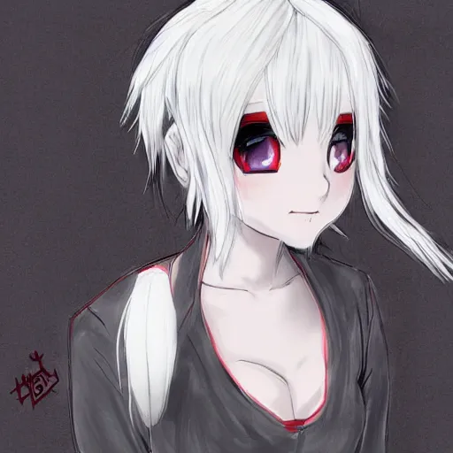 Image similar to white hair, red eyes, two small horn on the head, anime style, anime girl, sketch