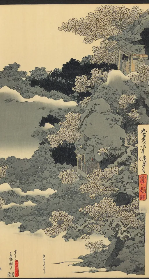 Image similar to hokusai, path of steps leading up to a temple, japanese style, dreamy, layered, soft, black ink