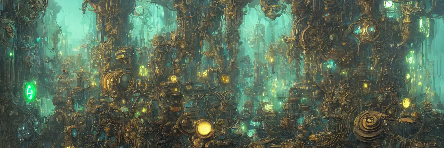 Image similar to Marc Simonetti, Mike Mignola, polished smooth metal with detailed line work, Mandelbrot flowers and trees, Exquisite detail, blue neon details, green neon details, white neon details, hyper detailed, intricate illustration, golden ratio, steampunk, smoke, neon lights, steampunk desert background, liquid polished metal, by peter mohrbacher