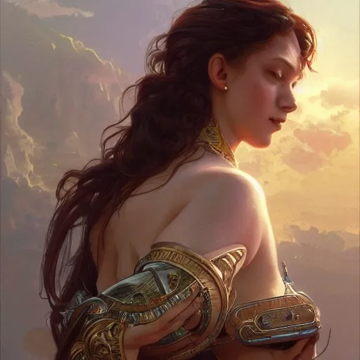 Image similar to giantess woman holding a small man in her hands, intricate, highly detailed, digital painting, artstation, concept art, smooth, sharp focus, illustration, unreal engine 5, 8 k, art by artgerm and greg rutkowski and alphonse mucha