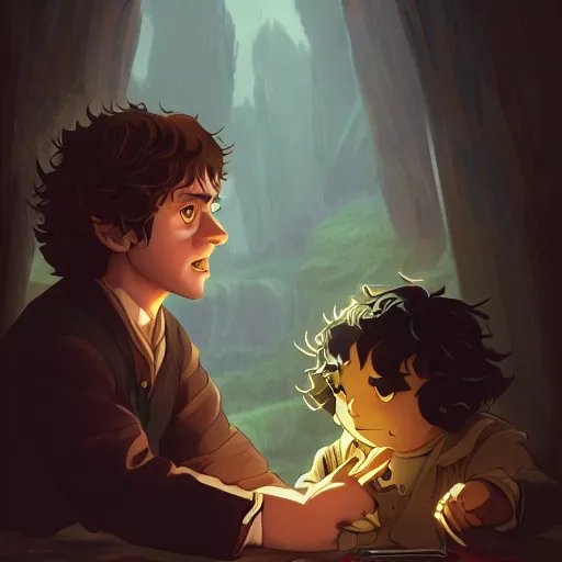 Prompt: Director Peter Jackson as Frodo Baggins, Frodo with Director Peter Jackson's beard ambient lighting, 4k, anime key visual, lois van baarle, ilya kuvshinov, rossdraws, artstation