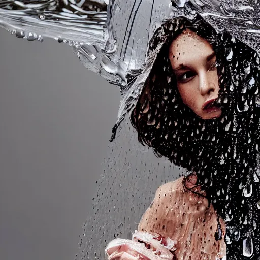 Image similar to close up of face of a wet fashion model in luxury dress, rainy, official dior editorial, highly detailed