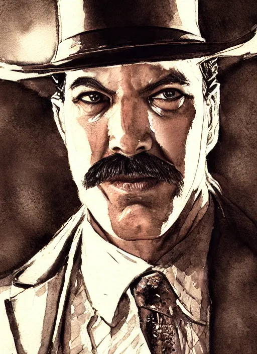 Image similar to portrait, Doc Holiday from Tombstone, watercolor, dramatic lighting, cinematic, establishing shot, extremely high detail, foto realistic, cinematic lighting, pen and ink, intricate line drawings, by Yoshitaka Amano, Ruan Jia, Kentaro Miura, Artgerm, post processed, concept art, artstation, matte painting, style by eddie mendoza, raphael lacoste, alex ross