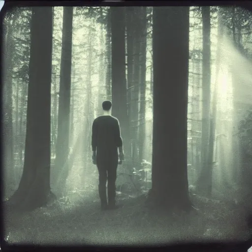 Image similar to square polaroid photo of a guy with standing in a dark fantasy forest, back view, lens flare, moody lighting, moody vibe, telephoto, 9 0 s vibe, blurry background, grain, tranquil, calm, faded!,