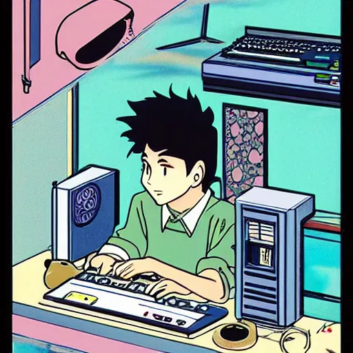 Prompt: man working at his computer in the 8 0 s, vaporwave nostalgia, 8 0 s anime, studio ghibli, sketched by osamu tezuka