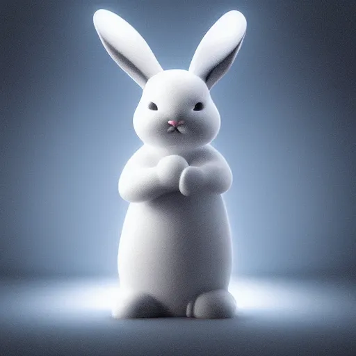 Image similar to “white bunny with black spots on face, staring at you in heaven, fog, volumetric lighting, golden hour, sharp focus, ultra detailed, trending on artstation,”