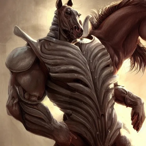 Image similar to an anthropomorphized horse with a enormously muscular body in a research facility wearing a skintight body armor, long white mane, equine, anthro art, furaffinity, highly detailed, digital painting, artstation, concept art, illustration, art by artgerm, greg rutkowski, ruan jia