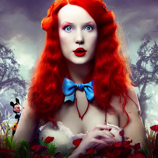 Prompt: red head queen, alice in wonderland theme, disney photo realistic, octane render, 8 k, unreal engine, hd, cinematic lighting