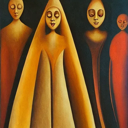 Image similar to a new, original piece by remedios varo, oil on canvas, surreal characters, angels