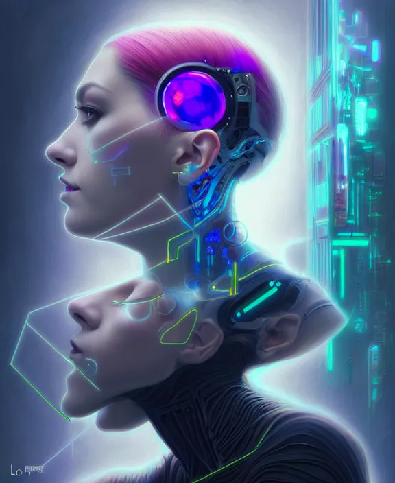 Image similar to a whirlwind of souls rushing inside the metaverse, hologram, half body, neurochip, shaved temple, piercing, jewelry, android, cyborg, cyberpunk face, by loish, d & d, fantasy, intricate, elegant, highly detailed, colorful, digital painting, artstation, concept art, art by artgerm and greg rutkowski and alphonse mucha