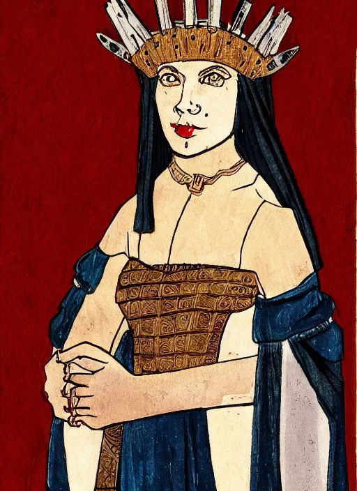 Prompt: portrait of young woman in medieval dress and medieval headdress, style by the fifth element