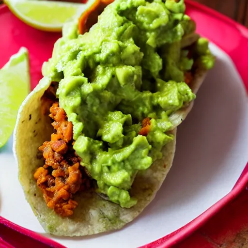 Image similar to award winning photo of a lightly spiced taco with guacamole.