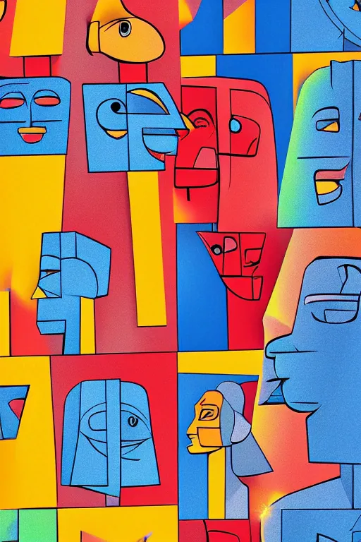 Image similar to cubist moai statue cutout digital illustration cartoon colorful beeple