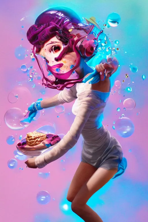 Prompt: epic 3 d abstract emoticon girl, spinning hands and feet, 1 6 mm, with black and pastel pink peanut butter melting smoothly into asymmetrical bubbles, liquid, delicate, beautiful, intricate, houdini sidefx, trending on artstation, by jeremy mann, ilya kuvshinov, jamie hewlett and ayami kojima