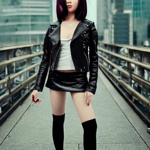 Image similar to a dynamic, epic cinematic 8K HD movie shot of a japanese beautiful cute young J-Pop idol actress yakuza rock star girl wearing leather jacket, miniskirt, nylon tights, high heels boots, gloves and jewelry. Motion, VFX, Inspirational arthouse, at Behance, with Instagram filters