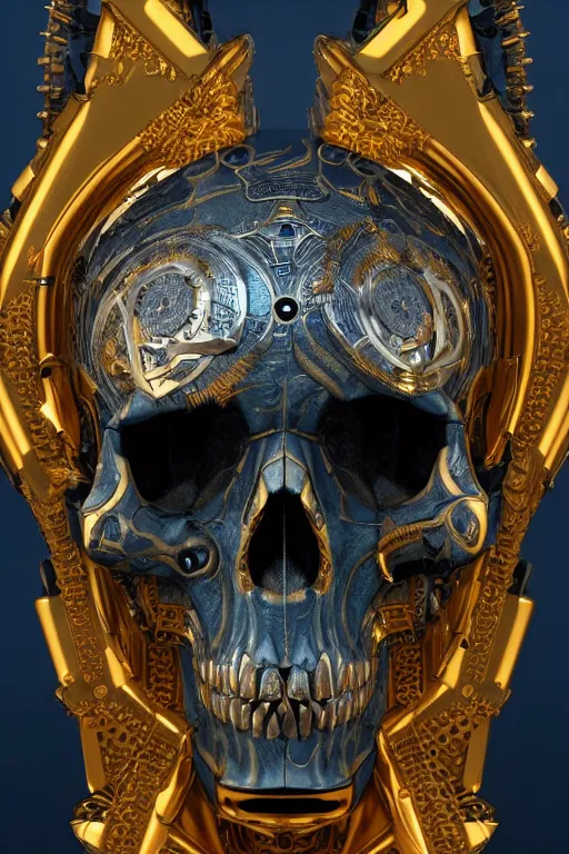 Prompt: hyperrealistic 3 d render ultra detailed of a skull, intricate art deco and steam punk gears details inside, hyperrealistic, volumetric lighting, ultra detailed, elegant, octane render, blue and gold, 8 k, trending on artstation, unreal engine