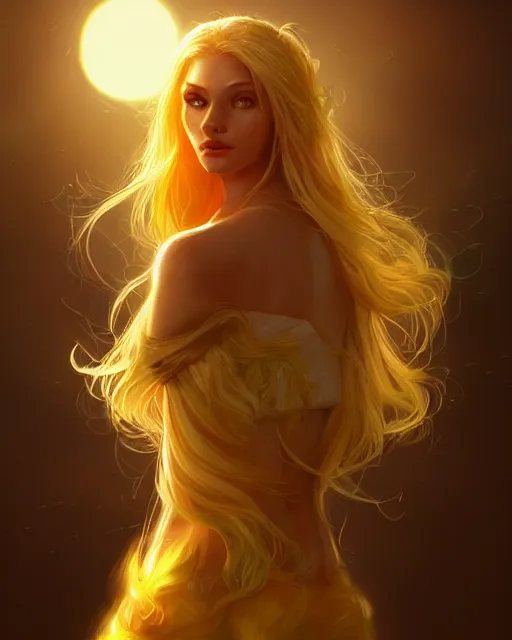 Prompt: a beautiful sun goddess, flowy yellow golden hair, golden eyes, sun, summer, cinematic lighting, highly detailed, digital painting, trending on artstation, pixiv, concept art, sharp focus, illustration, art by ross tran and wlop