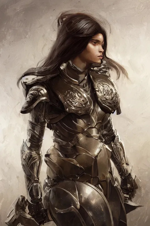 Image similar to a portrait of an attractive young woman, clothed in battle armor, olive skin, long dark hair, beautiful bone structure, symmetrical facial features, intricate, elegant, highly detailed, digital painting, trending on Artstation, concept art, smooth, sharp focus, illustration, from Metal Gear by Ruan Jia and Mandy Jurgens and Artgerm and greg rutkowski and william-adolphe bouguerea, award winning