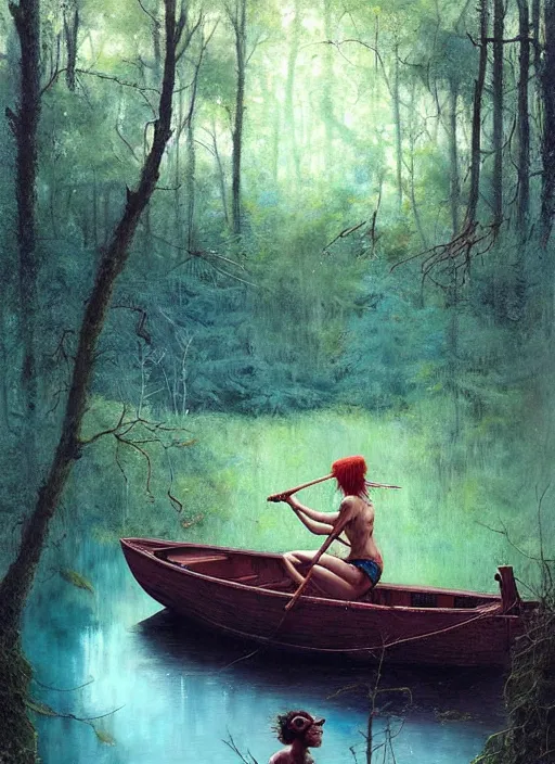 Prompt: boat in the woods by a river gorgeous lighting, lush forest foliage blue sky a hyper realistic painting by chiara bautista and beksinski and norman rockwell and greg rutkowski, tom bagshaw weta studio, and lucasfilm