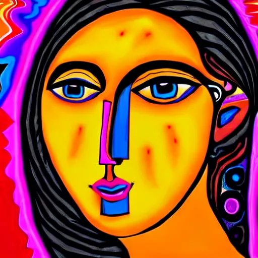 Image similar to tan latina woman, landscape, entering fourth dimension, third eye, prominent rosy cheek bones, black hair and brown eyes, psychedelic da vinci art style,