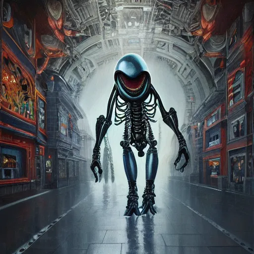 Image similar to alien machine walks through the center of a dallas, extremely detailed oil painting, 1 9 2 0's colored pencil, highly detailed, highly accurate, deep aesthetic, 8 k, highly ornate intricate details, cinematic lighting, rich colors, beautiful scenic view, ray tracing, hyperrealistic, photorealistic, cinematic landscape, trending on artstation, concept art,