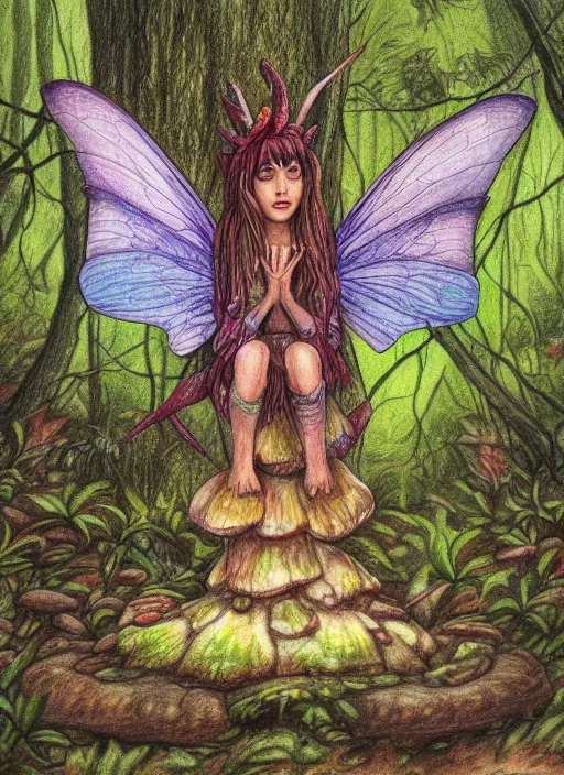 Image similar to detailed coloured pencil drawing of a faerie singing atop a toadstool in a forest glade, transparent wings, d & d, highly detailed, concept art, dramatic lighting